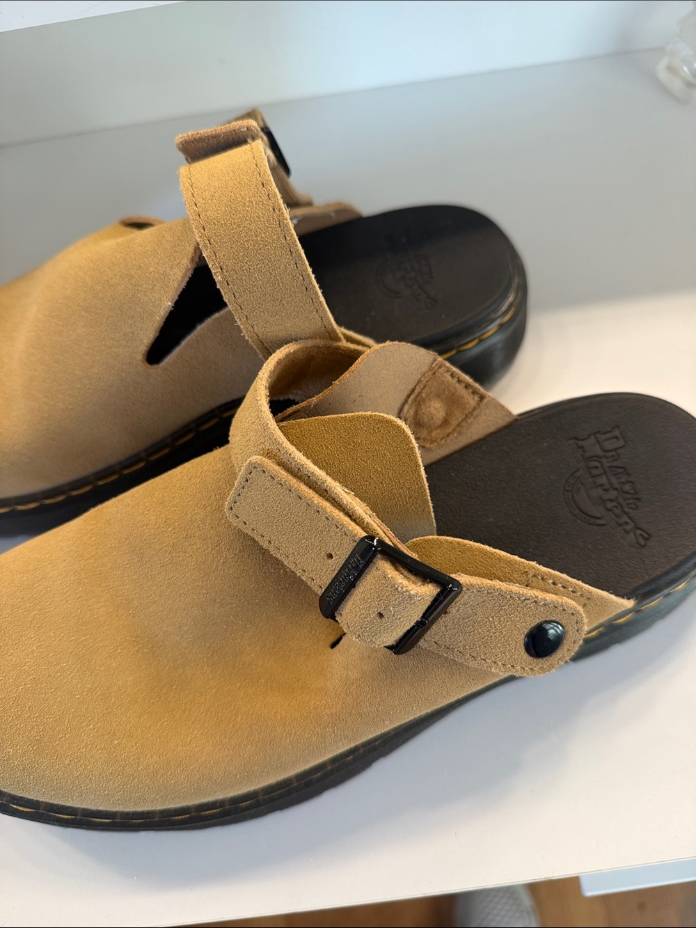 Dr. Martens Kids Tan Suede Buckle Clog Sandals